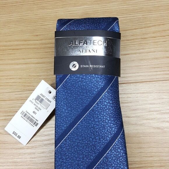 ALFANI Mens Neck Tie Blue Diagonal Stripe Slim Skinny Stain Resistant - Picture 3 of 6